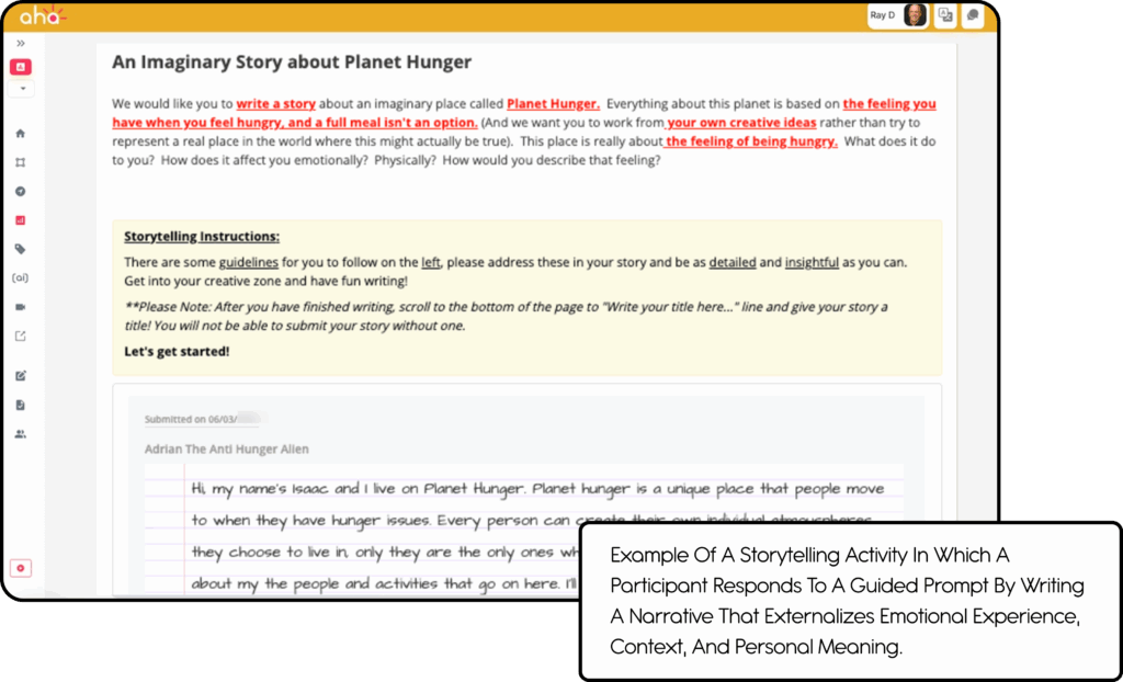Storytelling activity response showing a participant’s written narrative exploring emotional experience